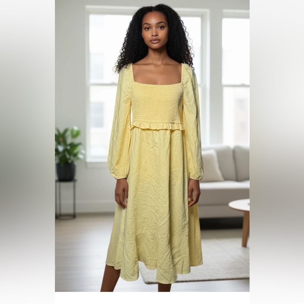 7 For All Mankind Smocked Square Neck Yellow Puff Sleeve Dress Ruffled Hem